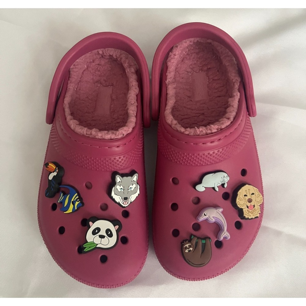 Crocs Mammoth Lined Clogs Magenta Pink Animal Jibbitz Charms Womens Size 6 - Picture 3 of 8